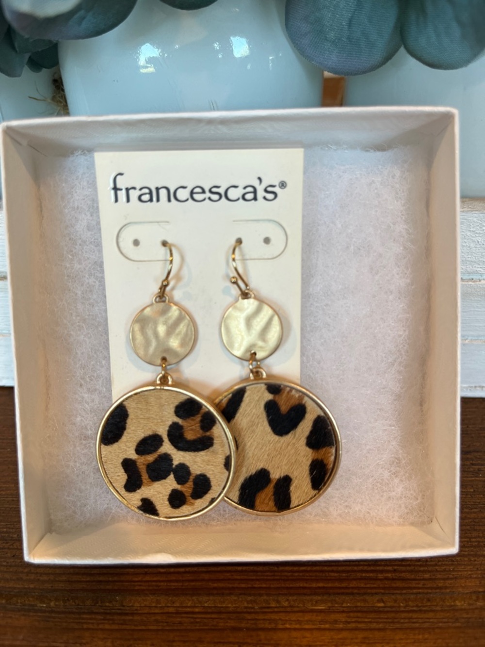 NWT Francesca's Collections Leopard Disc Drop Earrings in Tan and Black